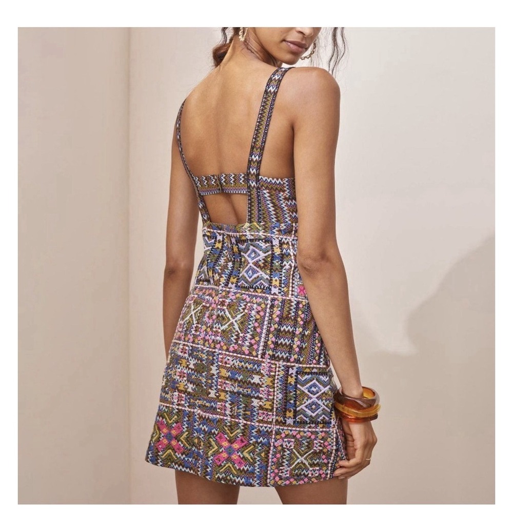 Anthropologie patchwork Geometric Embroidered Short Dress Womens 4  Boho Folk - Picture 2 of 8